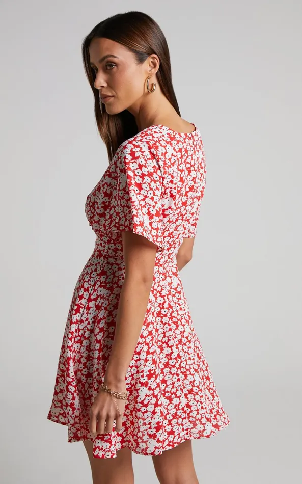 Showpo Rosario Mini Dress 8211 Flutter Sleeve V Neck Dress In Red Ditsy Floral Women Curve Clothes