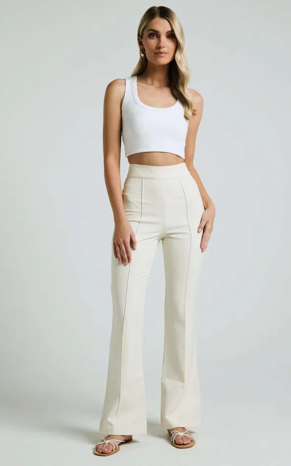 Showpo Roschel Pants 8211 High Waisted Flared Pants In Cream Women Pants