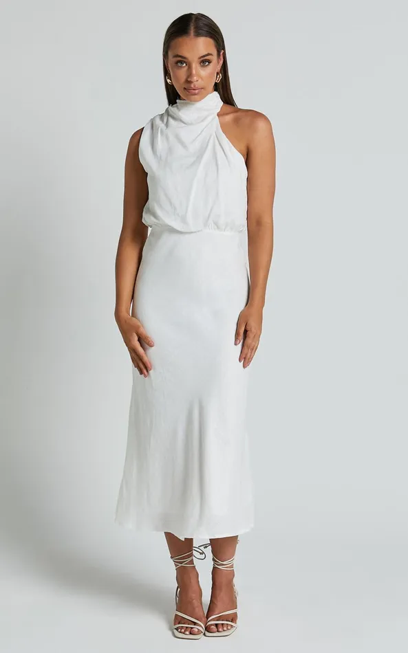 Showpo Rose Midi Dress 8211 High Neck Loose Bodice Dress In White Women Dresses