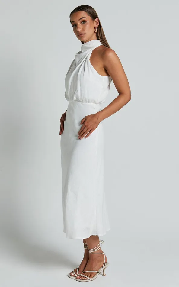 Showpo Rose Midi Dress 8211 High Neck Loose Bodice Dress In White Women Dresses