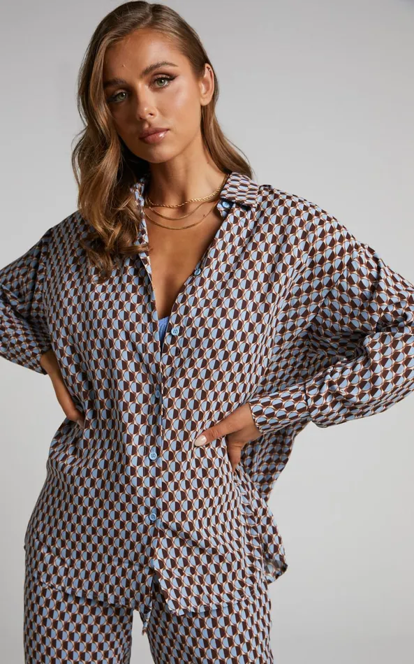 Showpo Rosetti Shirt 8211 Relaxed Button Down Longline Shirt In Blue Geo Women Tops