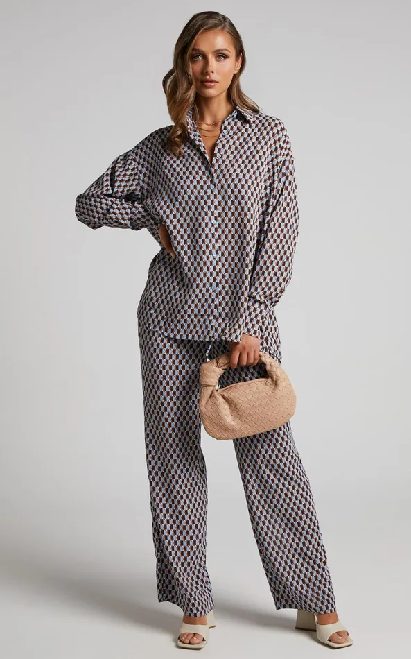 Showpo Rosetti Shirt 8211 Relaxed Button Down Longline Shirt In Blue Geo Women Tops