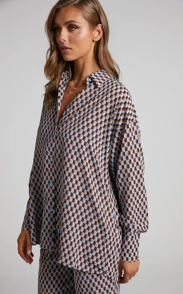 Showpo Rosetti Shirt 8211 Relaxed Button Down Longline Shirt In Blue Geo Women Tops