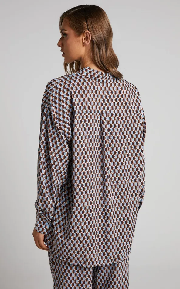 Showpo Rosetti Shirt 8211 Relaxed Button Down Longline Shirt In Blue Geo Women Tops