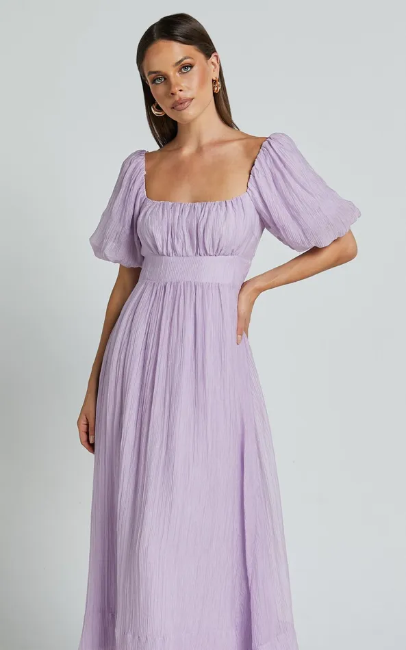 Showpo Roshina Midi Dress 8211 Straight Neck Puff Sleeve Dress In Lavender Women Dresses