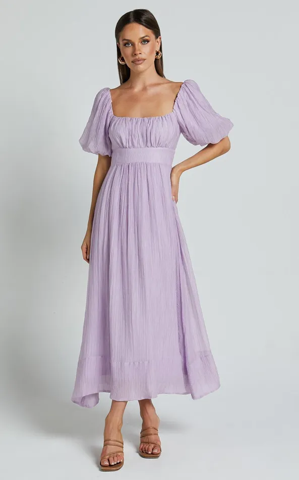 Showpo Roshina Midi Dress 8211 Straight Neck Puff Sleeve Dress In Lavender Women Dresses