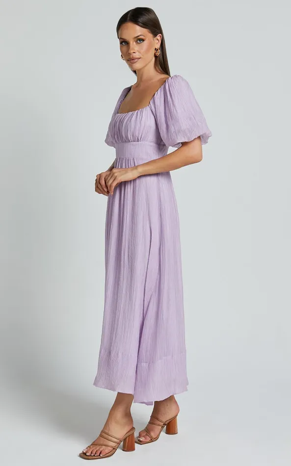 Showpo Roshina Midi Dress 8211 Straight Neck Puff Sleeve Dress In Lavender Women Dresses