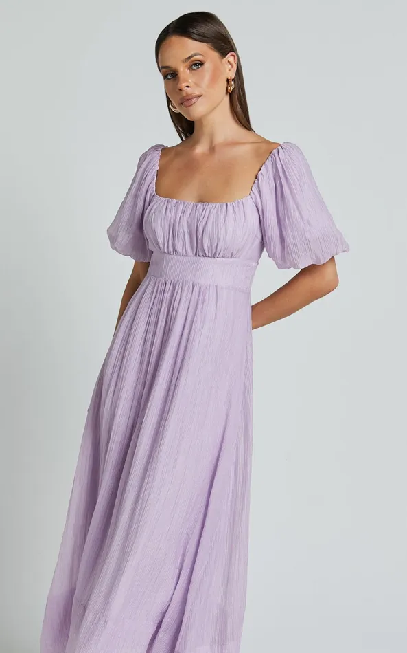 Showpo Roshina Midi Dress 8211 Straight Neck Puff Sleeve Dress In Lavender Women Dresses