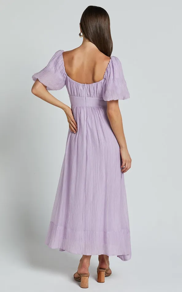 Showpo Roshina Midi Dress 8211 Straight Neck Puff Sleeve Dress In Lavender Women Dresses