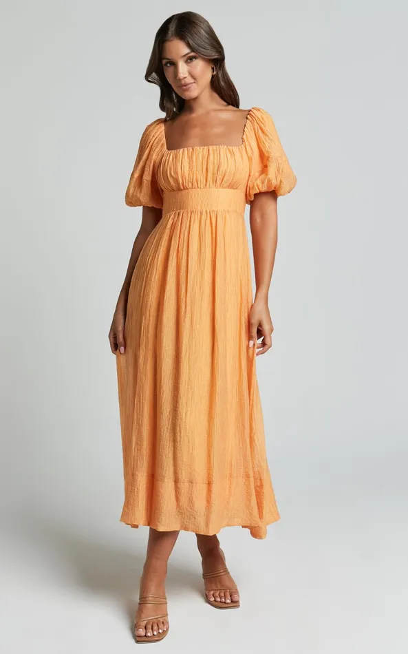 Showpo Roshina Midi Dress 8211 Straight Neck Puff Sleeve Dress In Orange Women Dresses Showpo Roshina Midi Dress 8211 Straight Neck Puff Sleeve Dress In Orange Women Dresses