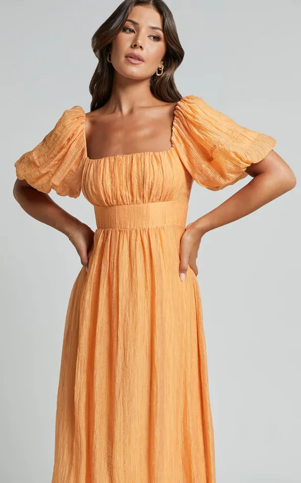 Showpo Roshina Midi Dress 8211 Straight Neck Puff Sleeve Dress In Orange Women Dresses