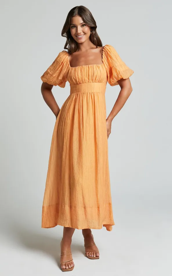 Showpo Roshina Midi Dress 8211 Straight Neck Puff Sleeve Dress In Orange Women Dresses