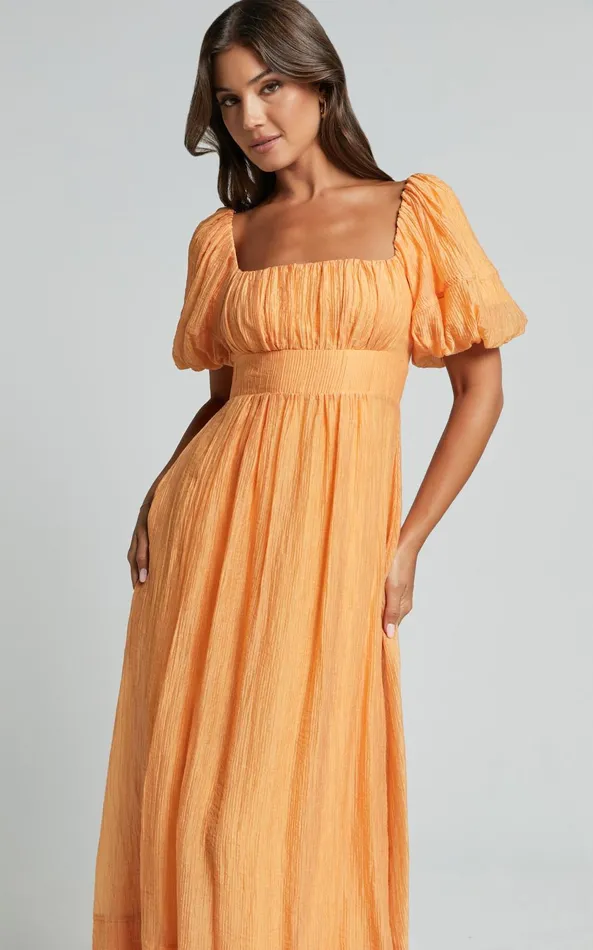 Showpo Roshina Midi Dress 8211 Straight Neck Puff Sleeve Dress In Orange Women Dresses