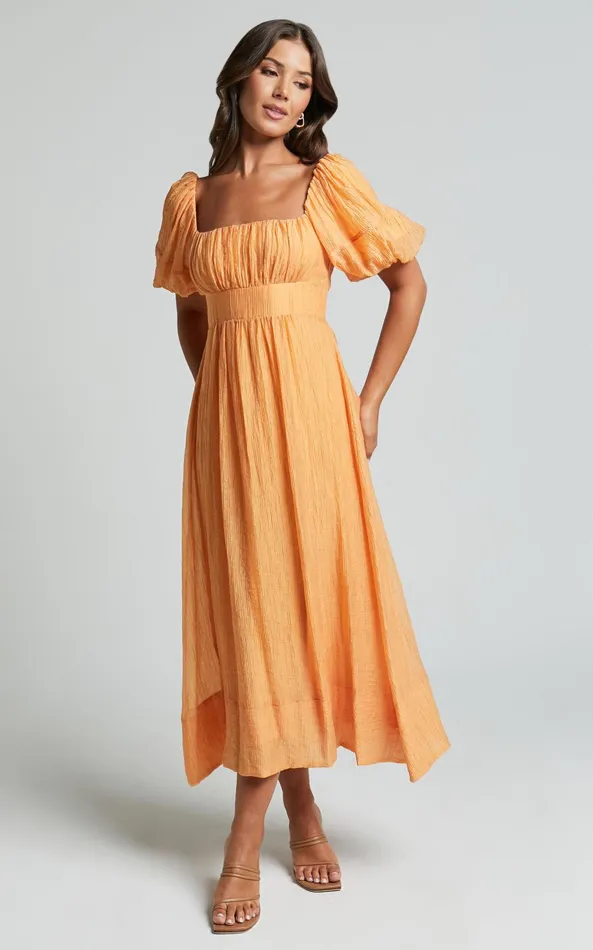 Showpo Roshina Midi Dress 8211 Straight Neck Puff Sleeve Dress In Orange Women Dresses
