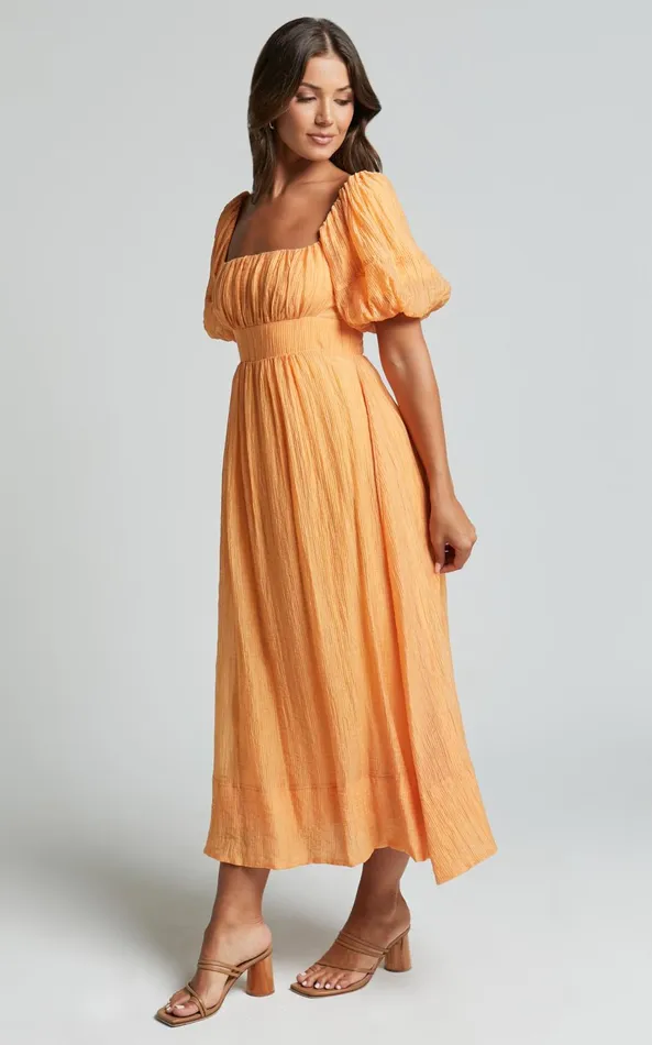 Showpo Roshina Midi Dress 8211 Straight Neck Puff Sleeve Dress In Orange Women Dresses