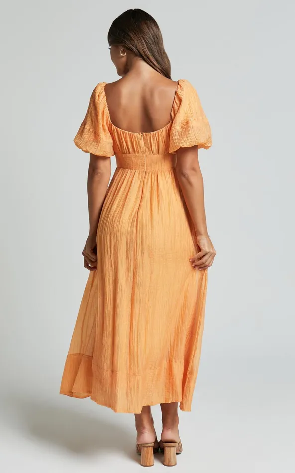 Showpo Roshina Midi Dress 8211 Straight Neck Puff Sleeve Dress In Orange Women Dresses