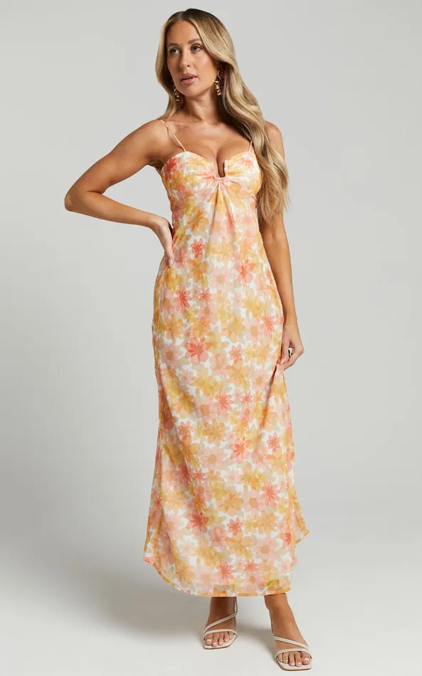 Showpo Rosiemar Midi Dress 8211 Cut Out Front Sleeveless Dress In Lemon Floral Women Dresses