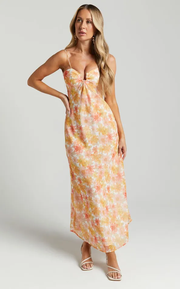 Showpo Rosiemar Midi Dress 8211 Cut Out Front Sleeveless Dress In Lemon Floral Women Dresses