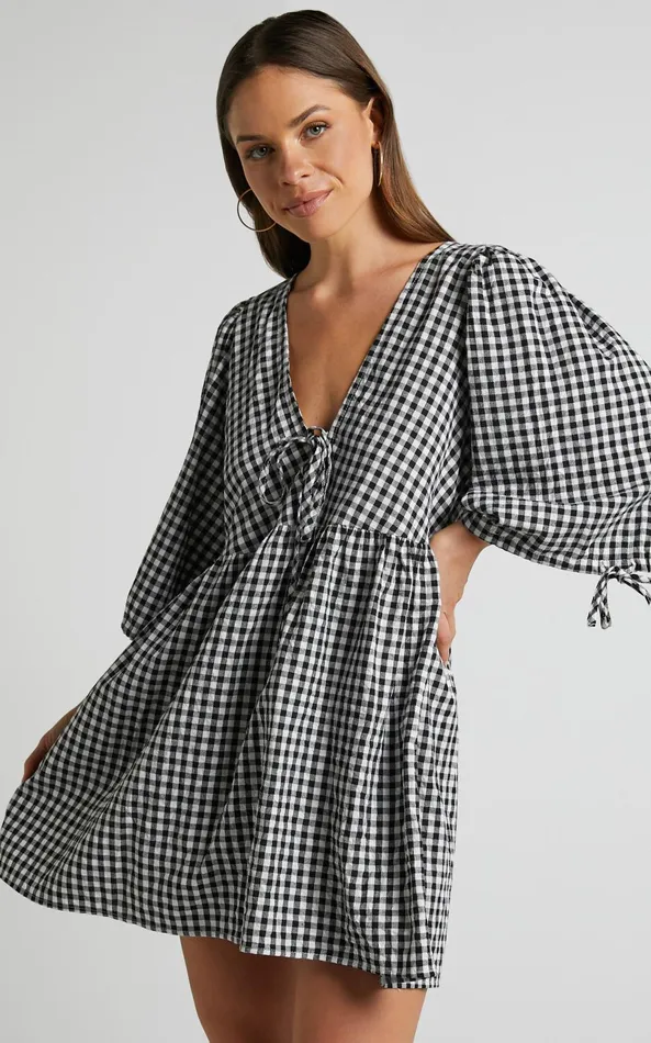 Showpo Rosita Mini Dress 8211 Tie Front Puff Sleeve Dress In Black And White Check Women Curve Clothes Showpo Rosita Mini Dress 8211 Tie Front Puff Sleeve Dress In Black And White Check Women Curve Clothes