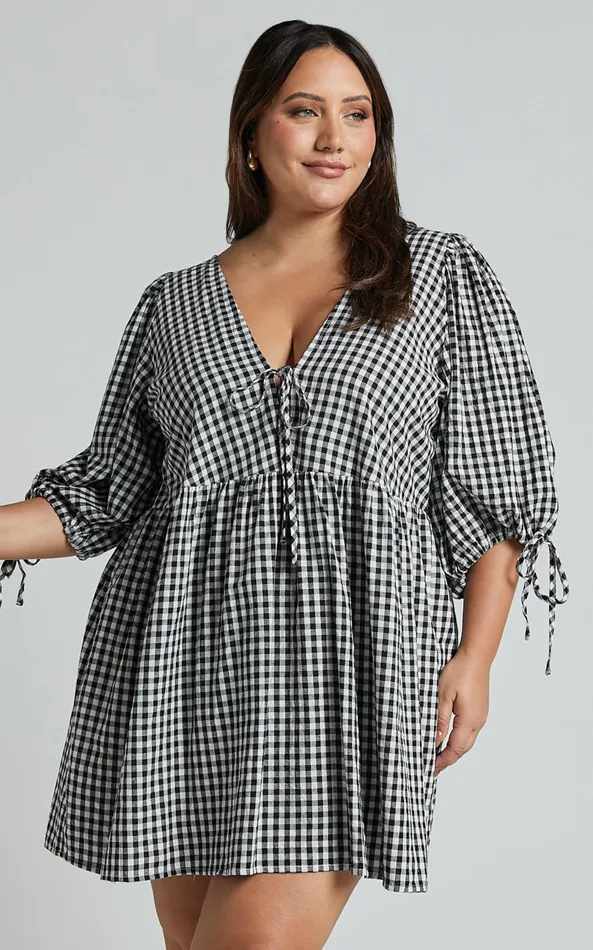 Showpo Rosita Mini Dress 8211 Tie Front Puff Sleeve Dress In Black And White Check Women Curve Clothes