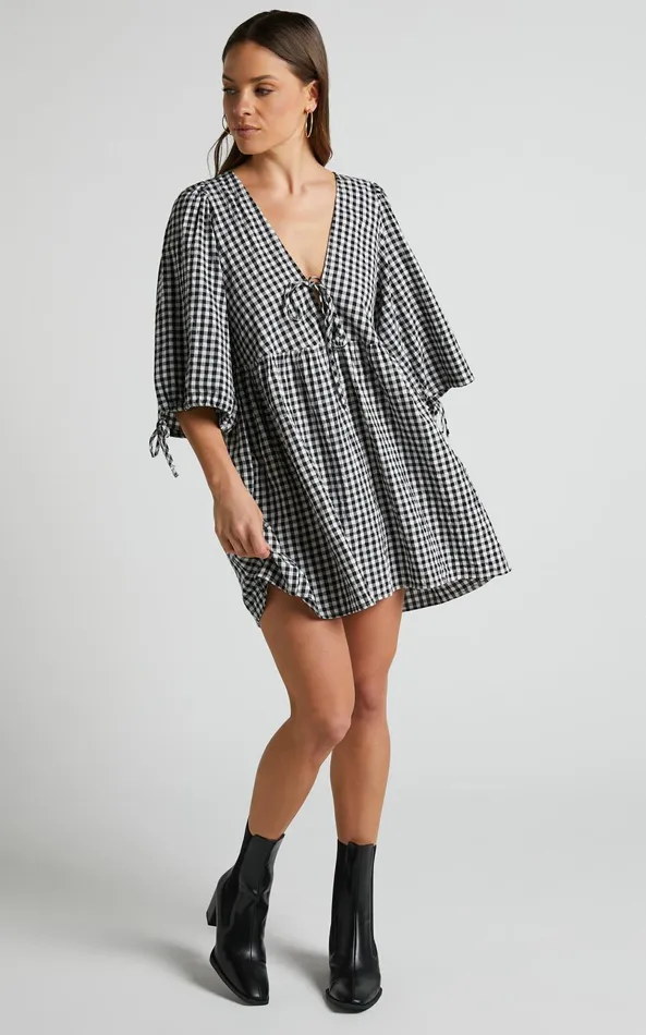 Showpo Rosita Mini Dress 8211 Tie Front Puff Sleeve Dress In Black And White Check Women Curve Clothes