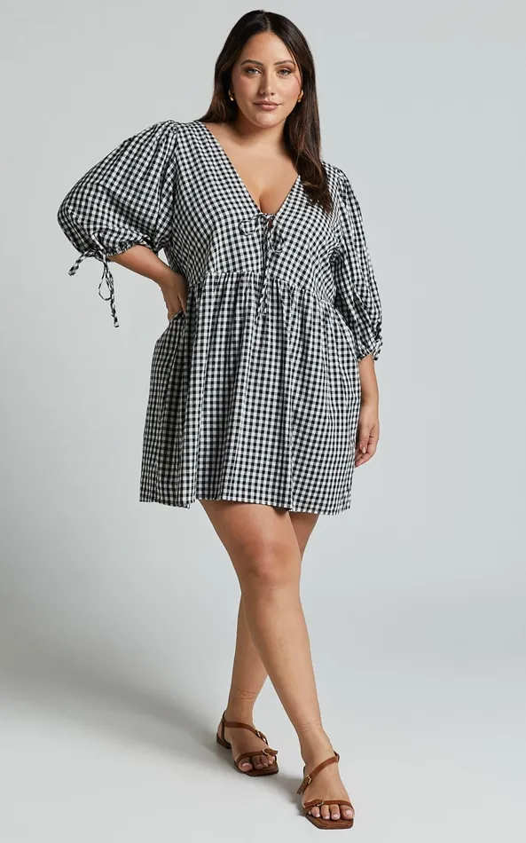 Showpo Rosita Mini Dress 8211 Tie Front Puff Sleeve Dress In Black And White Check Women Curve Clothes