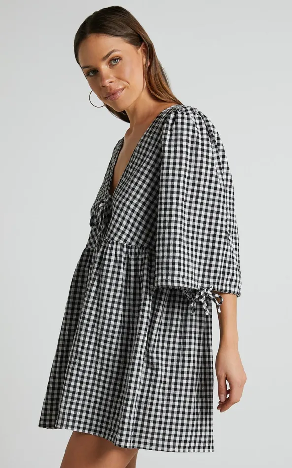 Showpo Rosita Mini Dress 8211 Tie Front Puff Sleeve Dress In Black And White Check Women Curve Clothes