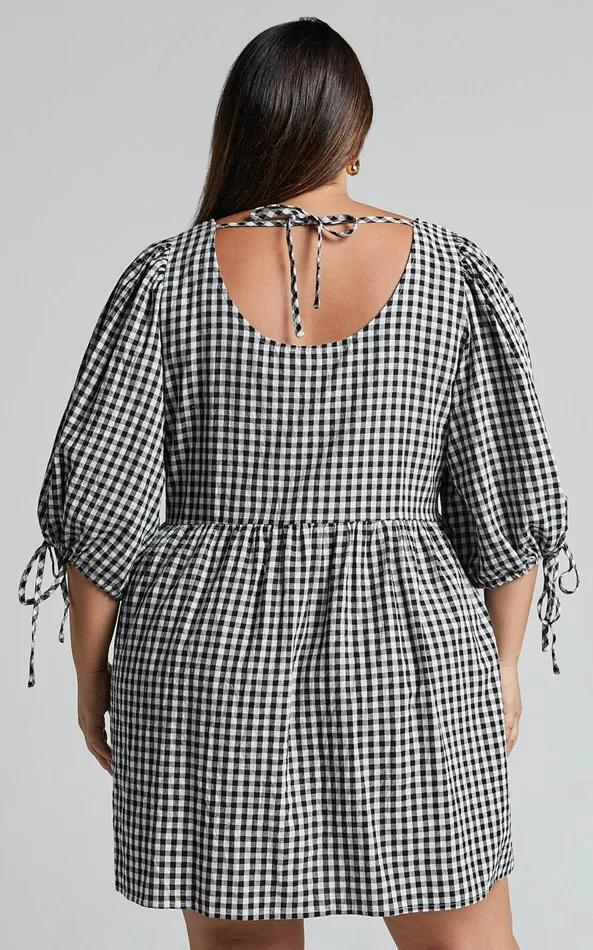 Showpo Rosita Mini Dress 8211 Tie Front Puff Sleeve Dress In Black And White Check Women Curve Clothes