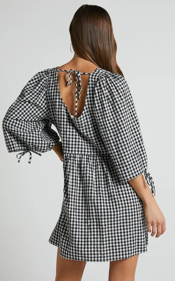 Showpo Rosita Mini Dress 8211 Tie Front Puff Sleeve Dress In Black And White Check Women Curve Clothes