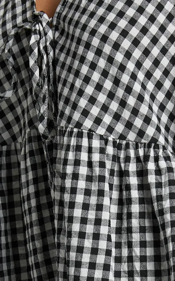 Showpo Rosita Mini Dress 8211 Tie Front Puff Sleeve Dress In Black And White Check Women Curve Clothes