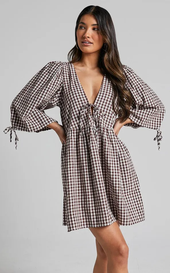 Showpo Rosita Mini Dress 8211 Tie Front Puff Sleeve Dress In Brown And White Check Women Curve Clothes Showpo Rosita Mini Dress 8211 Tie Front Puff Sleeve Dress In Brown And White Check Women Curve Clothes