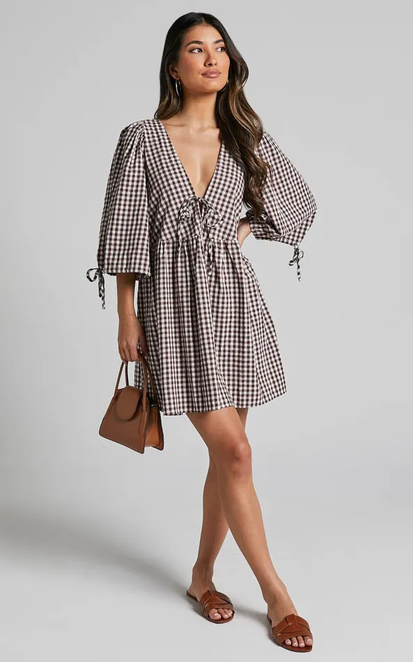 Showpo Rosita Mini Dress 8211 Tie Front Puff Sleeve Dress In Brown And White Check Women Curve Clothes