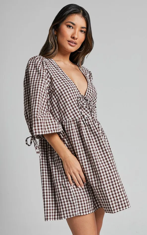 Showpo Rosita Mini Dress 8211 Tie Front Puff Sleeve Dress In Brown And White Check Women Curve Clothes