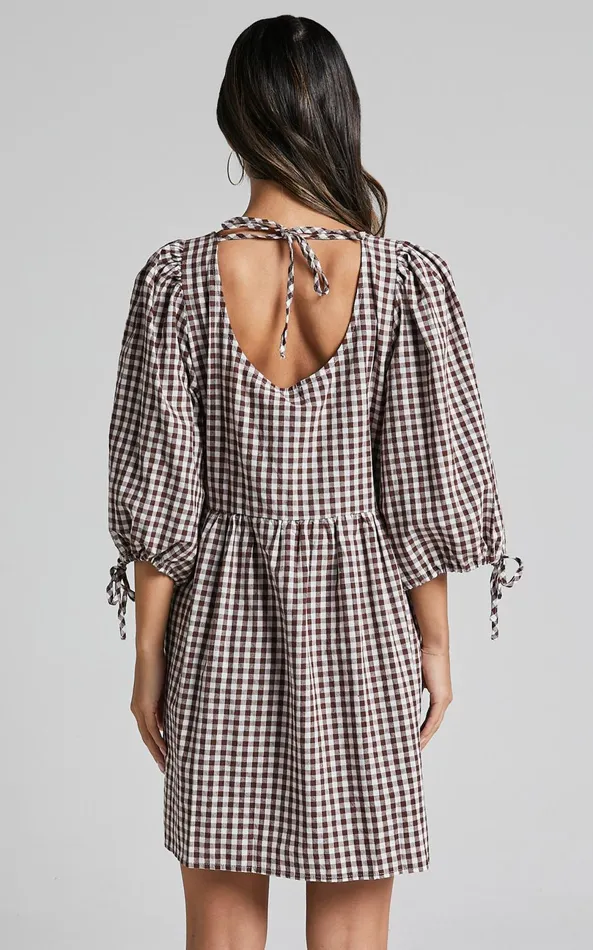 Showpo Rosita Mini Dress 8211 Tie Front Puff Sleeve Dress In Brown And White Check Women Curve Clothes