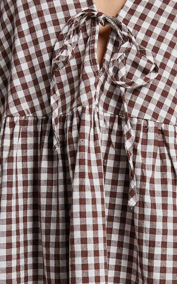 Showpo Rosita Mini Dress 8211 Tie Front Puff Sleeve Dress In Brown And White Check Women Curve Clothes