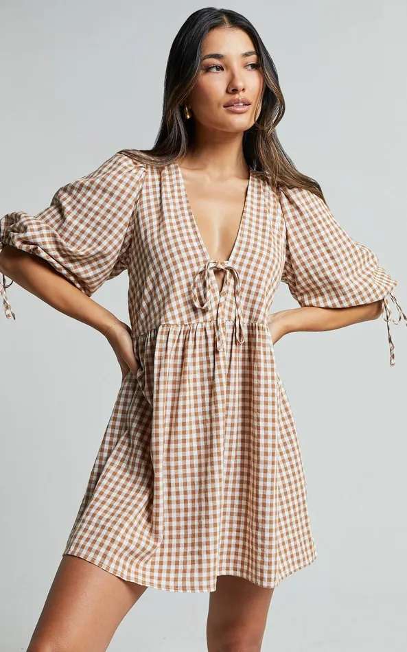 Showpo Rosita Mini Dress 8211 Tie Front Puff Sleeve Dress In Caramel and White Gingham Women Curve Clothes Showpo Rosita Mini Dress 8211 Tie Front Puff Sleeve Dress In Caramel and White Gingham Women Curve Clothes