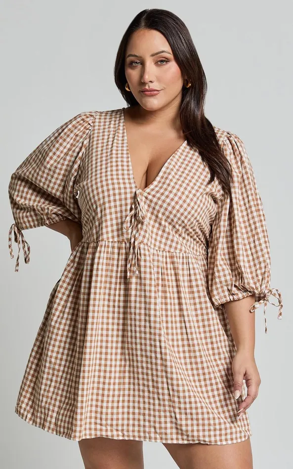 Showpo Rosita Mini Dress 8211 Tie Front Puff Sleeve Dress In Caramel and White Gingham Women Curve Clothes