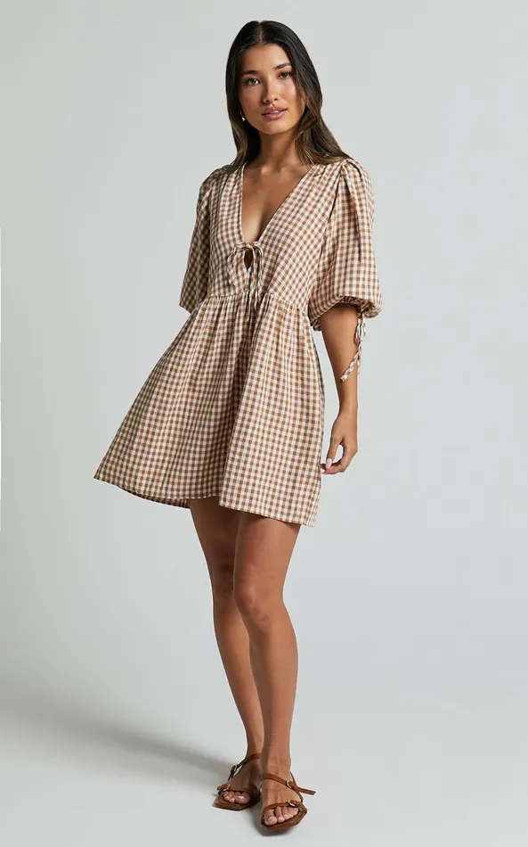 Showpo Rosita Mini Dress 8211 Tie Front Puff Sleeve Dress In Caramel and White Gingham Women Curve Clothes