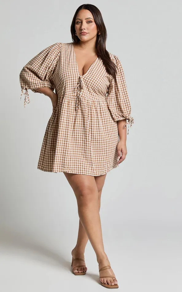 Showpo Rosita Mini Dress 8211 Tie Front Puff Sleeve Dress In Caramel and White Gingham Women Curve Clothes