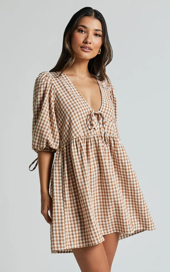 Showpo Rosita Mini Dress 8211 Tie Front Puff Sleeve Dress In Caramel and White Gingham Women Curve Clothes