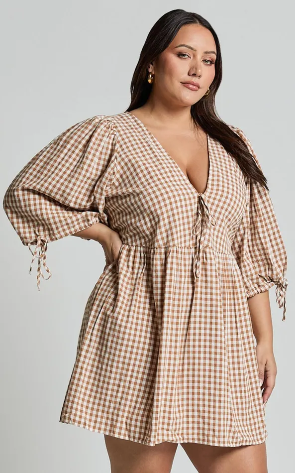 Showpo Rosita Mini Dress 8211 Tie Front Puff Sleeve Dress In Caramel and White Gingham Women Curve Clothes