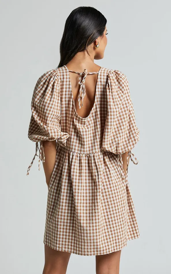Showpo Rosita Mini Dress 8211 Tie Front Puff Sleeve Dress In Caramel and White Gingham Women Curve Clothes