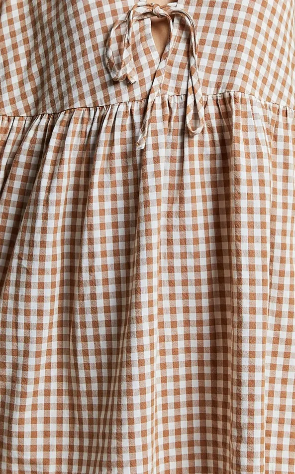 Showpo Rosita Mini Dress 8211 Tie Front Puff Sleeve Dress In Caramel and White Gingham Women Curve Clothes