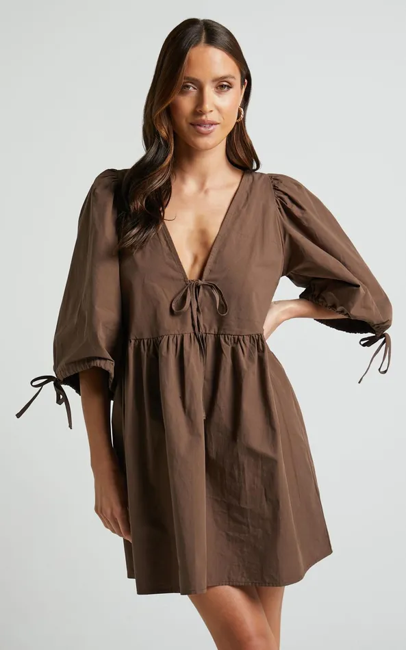 Showpo Rosita Mini Dress 8211 Tie Front Puff Sleeve Dress In Chocolate Women Curve Clothes Showpo Rosita Mini Dress 8211 Tie Front Puff Sleeve Dress In Chocolate Women Curve Clothes