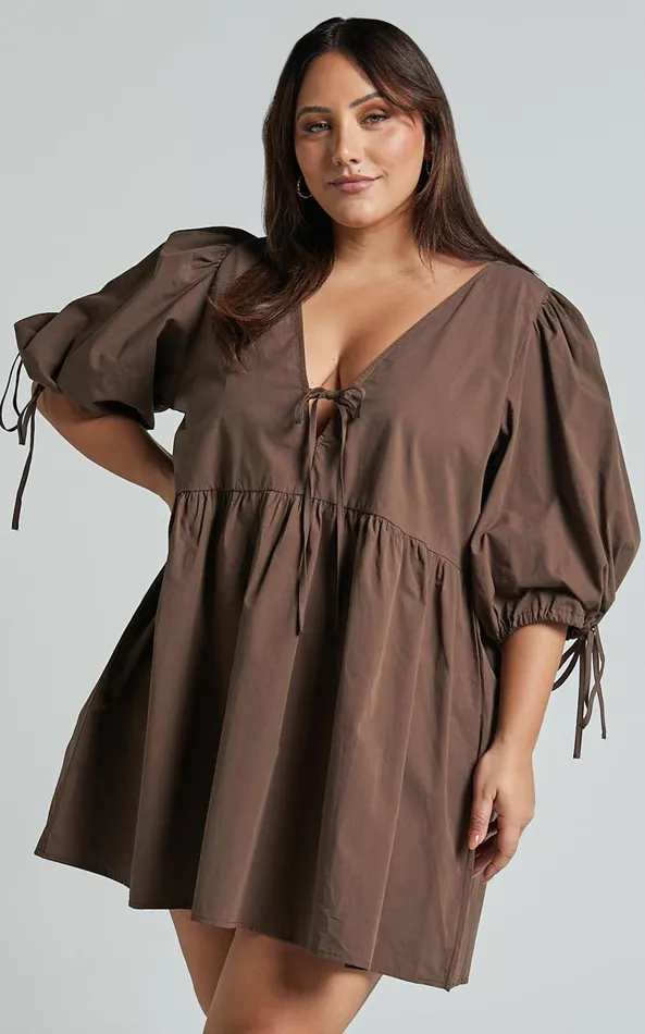 Showpo Rosita Mini Dress 8211 Tie Front Puff Sleeve Dress In Chocolate Women Curve Clothes