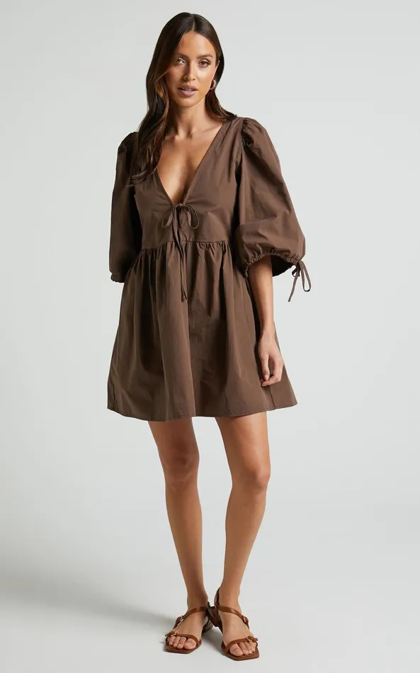 Showpo Rosita Mini Dress 8211 Tie Front Puff Sleeve Dress In Chocolate Women Curve Clothes