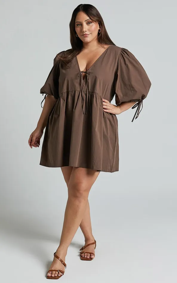 Showpo Rosita Mini Dress 8211 Tie Front Puff Sleeve Dress In Chocolate Women Curve Clothes