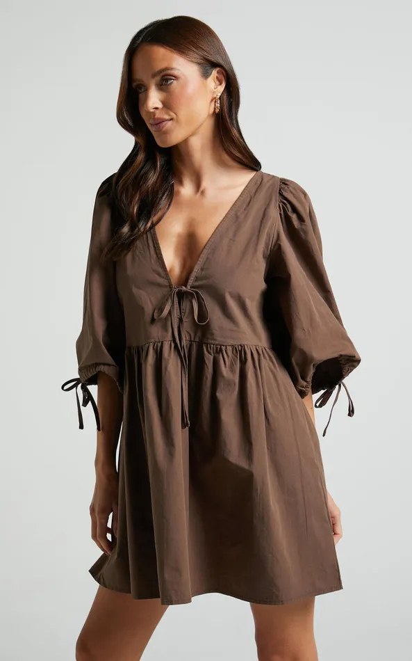 Showpo Rosita Mini Dress 8211 Tie Front Puff Sleeve Dress In Chocolate Women Curve Clothes