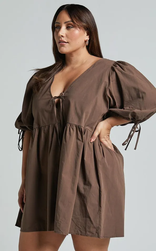 Showpo Rosita Mini Dress 8211 Tie Front Puff Sleeve Dress In Chocolate Women Curve Clothes