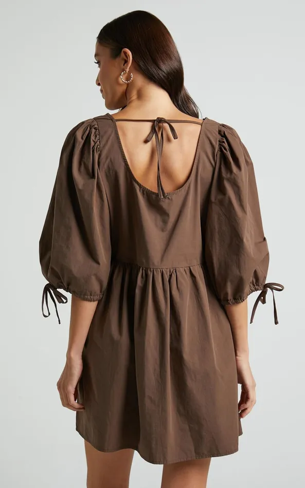 Showpo Rosita Mini Dress 8211 Tie Front Puff Sleeve Dress In Chocolate Women Curve Clothes